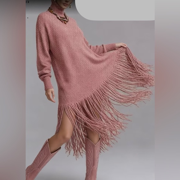 Elegant Muted Pink Fringe Sweater Dress - Picture 3 of 7